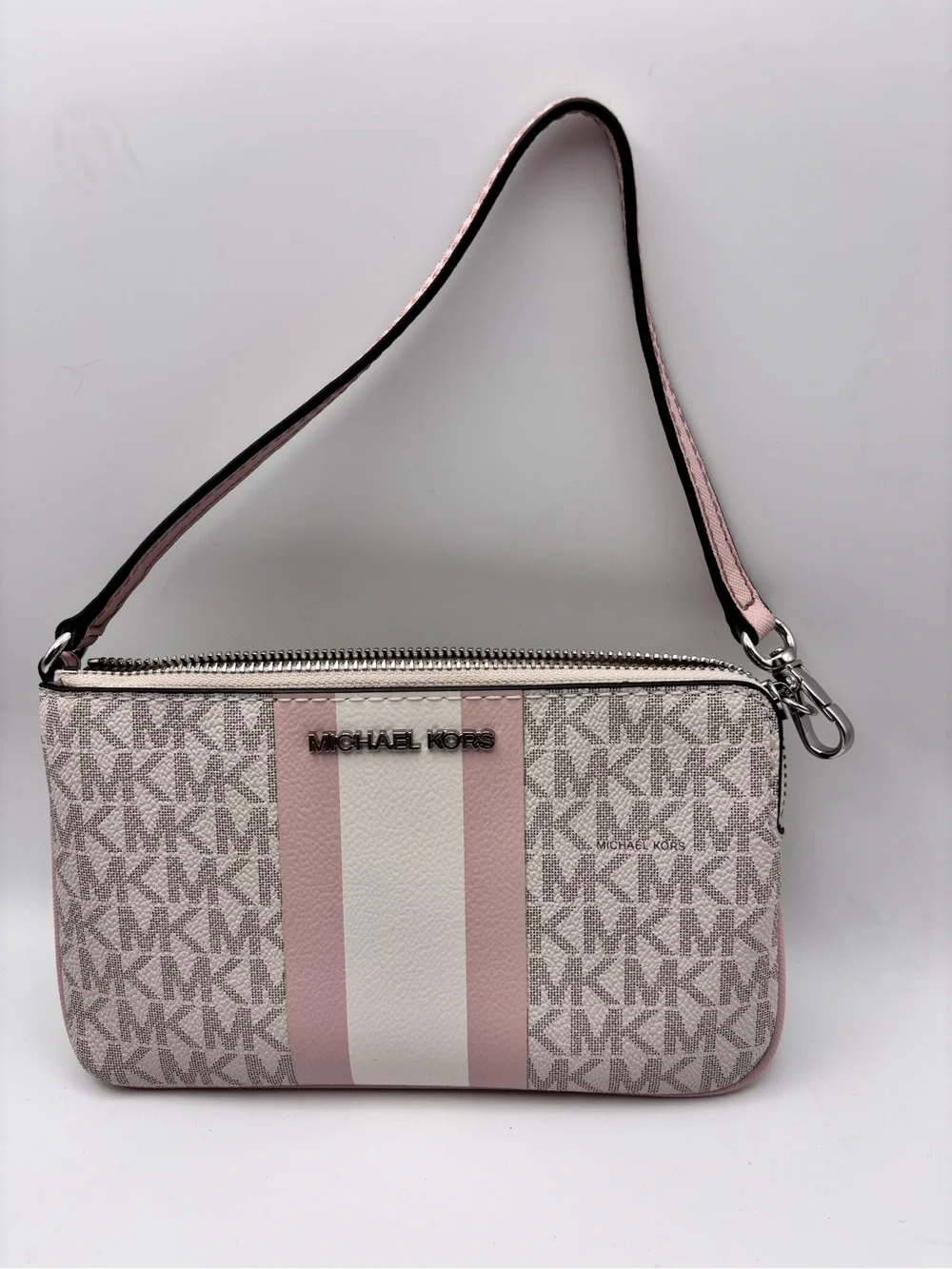 Michael Kors Beige & Pink Signature Stripe Wristlet